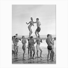 Dancing On Surfboards, Black and White Old Photo, Vintage Beach Canvas Print