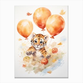 Tiger Flying With Autumn Fall Pumpkins And Balloons Watercolour Nursery 1 Canvas Print