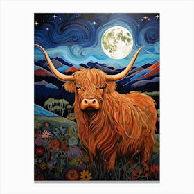 Wavy Line Highland Cow At Night Illustration 2 Canvas Print