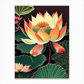 Lotus Flower In Garden Retro Illustration 4 Canvas Print