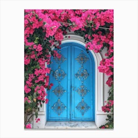 Blue Door With Pink Flowers 2 Canvas Print