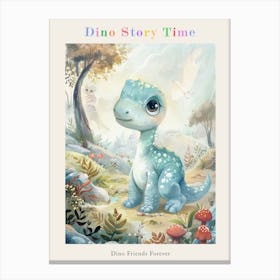 Blue Cute Dinosaur In The Meadow With Mushrooms Storybook Watercolour Painting Poster Canvas Print