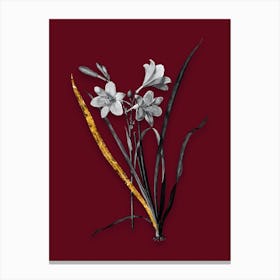 Vintage Daylily Black and White Gold Leaf Floral Art on Burgundy Red n.0058 Canvas Print
