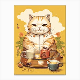 Kawaii Cat Drawings Drinking Tea 2 Canvas Print