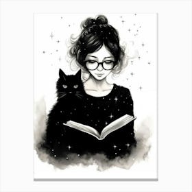 Black Cat And Girl Reading A Book Canvas Print