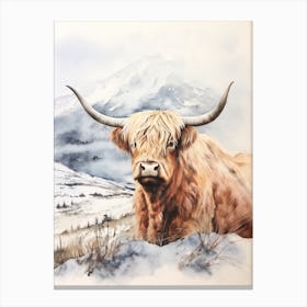 Highland Cow In The Snow Watercolour 1 Canvas Print