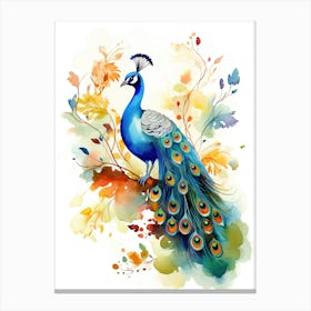 A Peacock Watercolour In Autumn Colours 1 Canvas Print