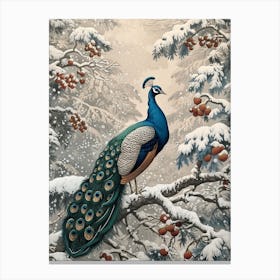 Peacock Snow Scene Vintage 1 Canvas Print