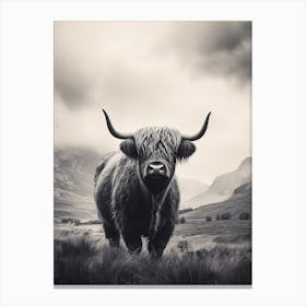 Stippling Black & White Illustration Of Highland Cow On A Cloudy Day Canvas Print