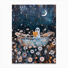 Cute Ghost Reading in the Bath Under the Moon and Stars Botanical Bathroom Art | Spooky Beautiful Funny Print Painting Lovely Artwork in HD Canvas Print
