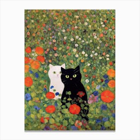 Flower Garden And A Black And White Cat, Inspired By Klimt 3 Canvas Print