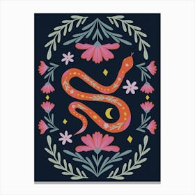 Cute Floral Snake Orange And Pink Dark Background Stampe su tela