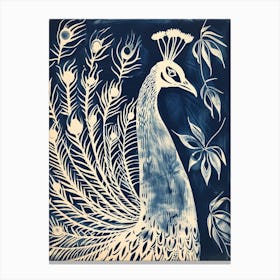 Navy Blue Peacock Leaf Portrait 1 Canvas Print