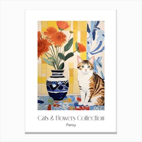 Cats & Flowers Collection Pansy Flower Vase And A Cat, A Painting In The Style Of Matisse 1 Canvas Print