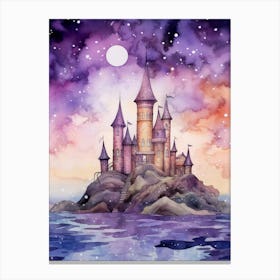 Watercolor Castle At Night Canvas Print