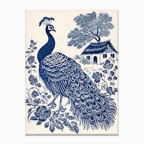 Peacock By The Cottage Navy 2 Canvas Print