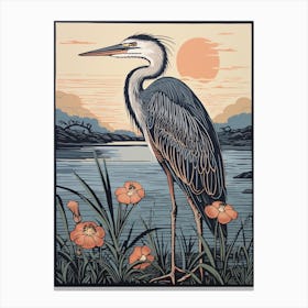Vintage Bird Linocut Great Blue Heron 5 Canvas Print