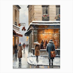 Paris cafes, winter season, Christmas, autumn oil colors, pale colors, pedestrians in the street, winter clothes, falling snow.Christmas decorations.3 2 Canvas Print