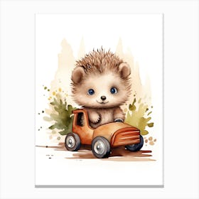 Baby Hedgehog On Toy Car, Watercolour Nursery 0 Canvas Print