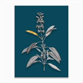 Vintage Sage Plant Black and White Gold Leaf Floral Art on Teal Blue n.0172 Canvas Print