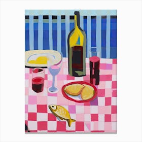 Painting Of A Table With Food And Wine, French Riviera View, Checkered Cloth, Matisse Style 9 Canvas Print