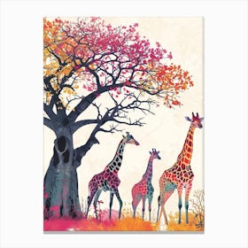 Giraffe Herd Under The Tree Watercolour 3 Canvas Print