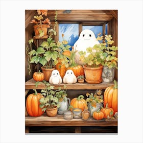 Cute Bedsheet Ghost, Botanical Halloween Watercolour 154 Canvas Print