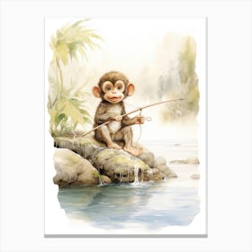 Monkey Painting Fishing Watercolour 3 Canvas Print