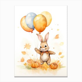 Rabbit Flying With Autumn Fall Pumpkins And Balloons Watercolour Nursery 2 Canvas Print