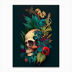 Skull With Tattoo Style Artwork Primary Colours 3 Botanical Canvas Print