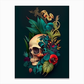 Skull With Tattoo Style Artwork Primary Colours 3 Botanical Canvas Print