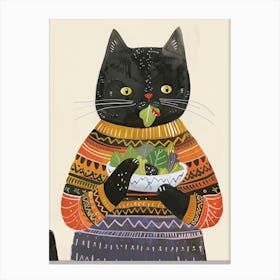 Black Cat Eating Salad Folk Illustration 4 Canvas Print