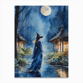 The Blue Witch ~ Blue Moon Fairytale Witchcraft Sacred Spirit Watercolor Painting China Yoga Meditating Spiritual Painting Canvas Print