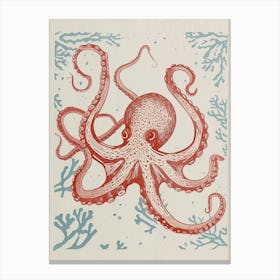 Octopus Linocut Style With Aqua Marine Plants 9 Canvas Print