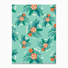 Red and White Poinsettia Flower Clusters with Berries on Aqua Green Canvas Print