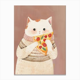 Cute White Cat Pizza Lover Folk Illustration 4 Canvas Print
