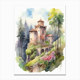 Watercolor Castle In The Woods Canvas Print