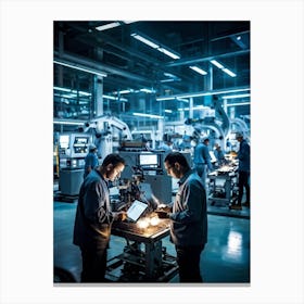 Factory Floor Bustling With Activity Workers Engaged In The Craft Of Welding Robots Precise In The (3) Canvas Print