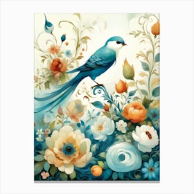 Blue Bird With Flowers 2 Canvas Print