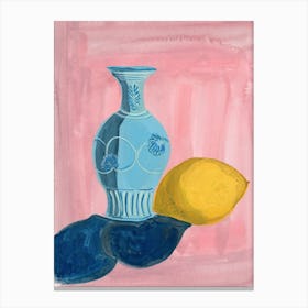 Blue Vase And Lemon Canvas Print