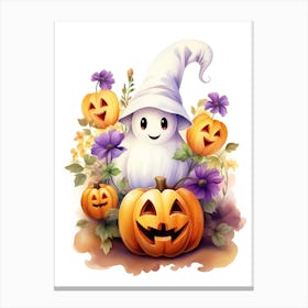 Cute Ghost With Pumpkins Halloween Watercolour 98 Canvas Print