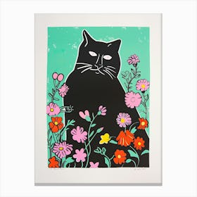 Cute Black Cat With Flowers Illustration 6 Canvas Print