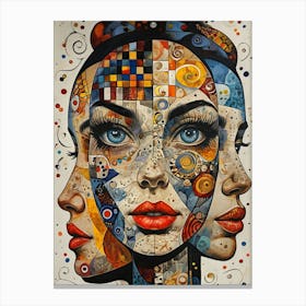 Abstract Triple Face Portrait with Vibrant Patterns and Artistic Details Canvas Print