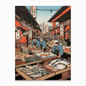 Tsukiji Fish Market, Japan Vintage Travel Art 3 Canvas Print
