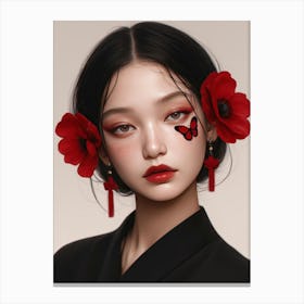 Asian Girl With Red Flowers Canvas Print