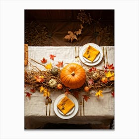 Autumn Themed Dinner Table Centerpiece Of Intertwined Golden Orange Pumpkin Vines Scattered Leaves (1) Canvas Print