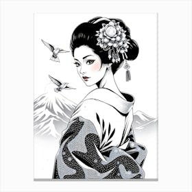 Geisha With Birds - Black And White Illustration Canvas Print