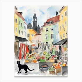 Food Market With Cats In Stockholm 1 Watercolour Canvas Print