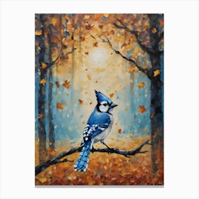Cottagecore Blue Jay in Autumn Forest - Acrylic Paint Little Fall Bird Art with Falling Leaves at Night on a Sunlight Day, Perfect for Witchcore Cottage Core Pagan Tarot Celestial Zodiac Gallery Feature Wall Beautiful Woodland Creatures Series HD Canvas Print