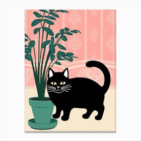 Black Cat With Potted Plant Canvas Print